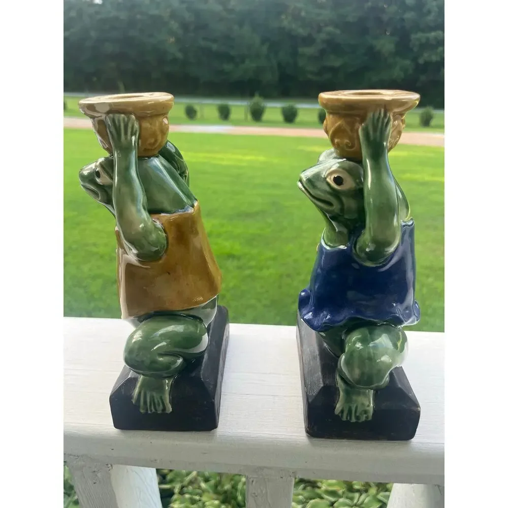 Vintage Ceramic Frog Candle Holder Pair